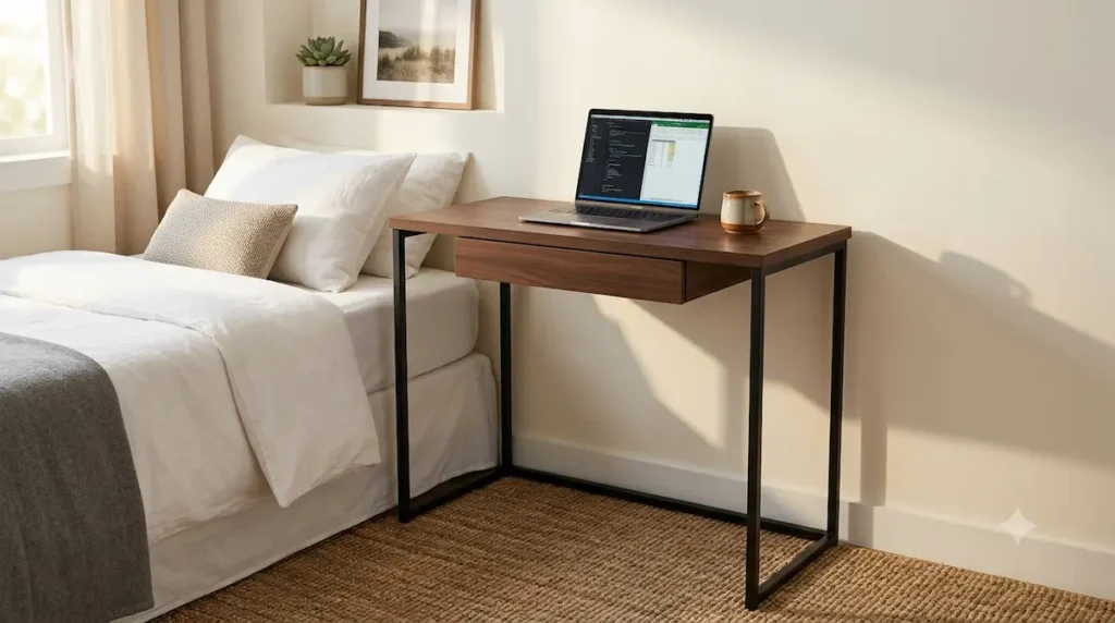 compact shw mission 32 inch home office computer desk with single pull out drawer in a small bedroom corner next to bed