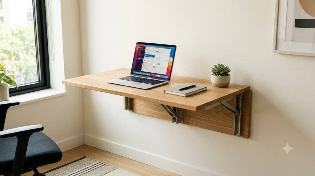 wooden wall mounted folding drop leaf floating desk setup with heavy duty steel brackets and laptop