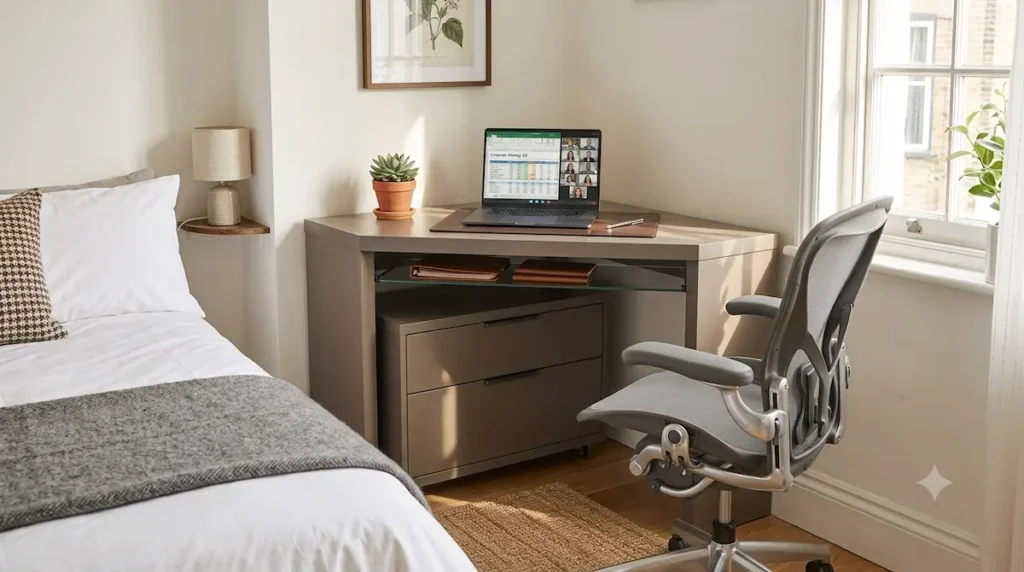 A premium dark taupe Monarch Specialties executive corner desk with integrated deep lateral utility storage drawers tucked neatly into a small bedroom corner lane.