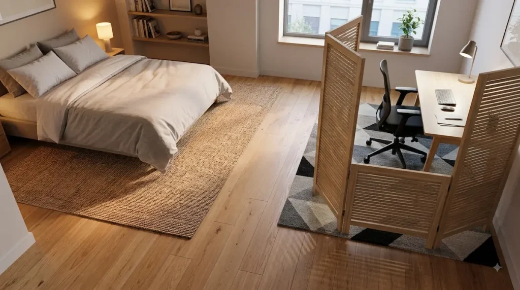 A studio apartment layout showing an elegant light-wood three-panel folding privacy screen unfolded at a 90-degree angle around an office desk.