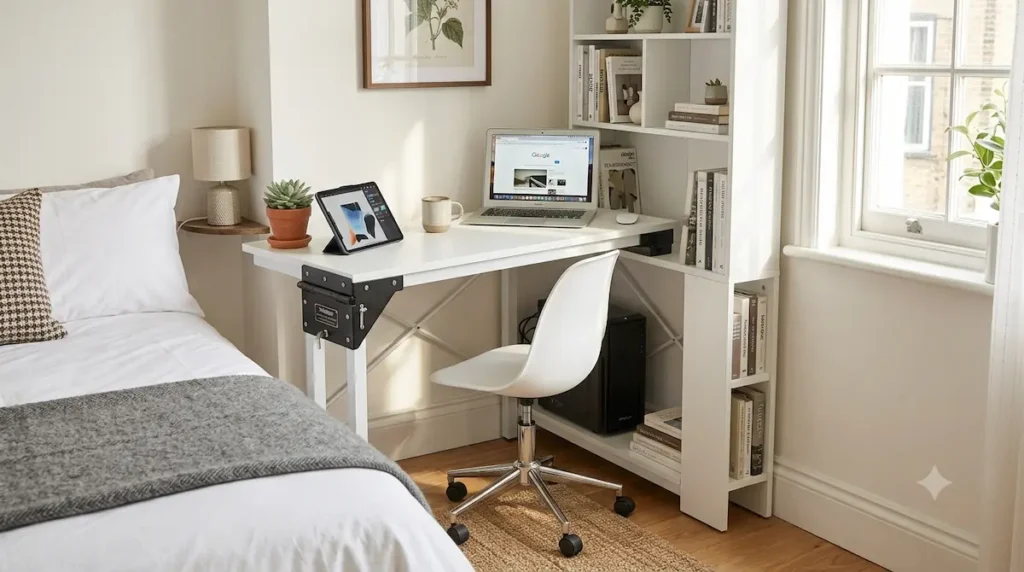 An innovative white Tribesigns rotating desk swiveled via an articulation hinge from a tall vertical bookshelf into an open L-shaped layout next to a bed.