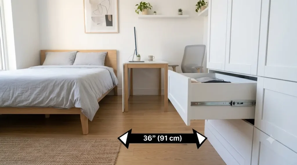 A fully extended wardrobe dresser drawer showcasing a 36-inch (91 cm) deep compression lane to prevent striking an opposite bed frame in a small bedroom.