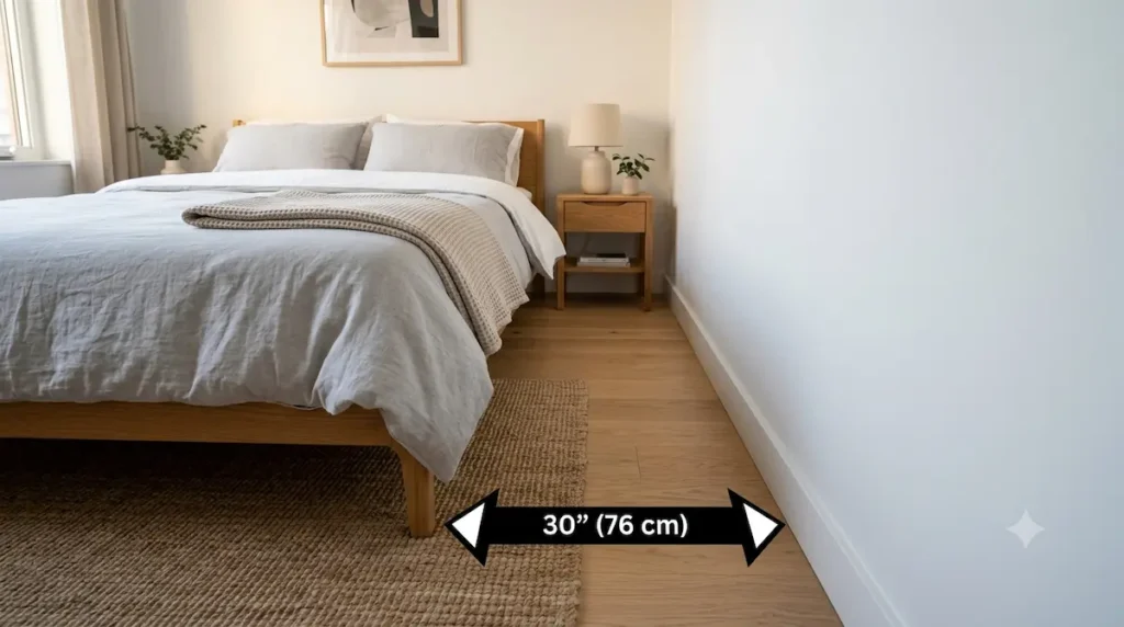 A compact small apartment bedroom layout showcasing a 30-inch (76 cm) secondary walking path clearance lane at the foot of a platform bed frame.