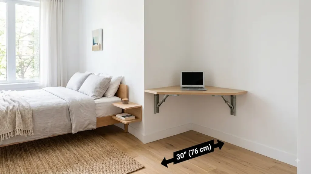 A space-saving small apartment bedroom showing a collapsible corner-wedge drop-leaf desk layout extended with a 30-inch clearance graphic overlay.