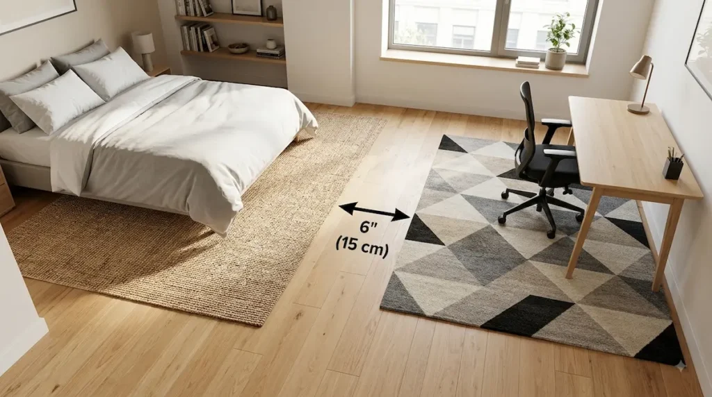 A studio apartment layout floor split displaying a 6-inch (15 cm) bare oak wood gap separating a natural jute bedroom rug from a geometric office area rug.