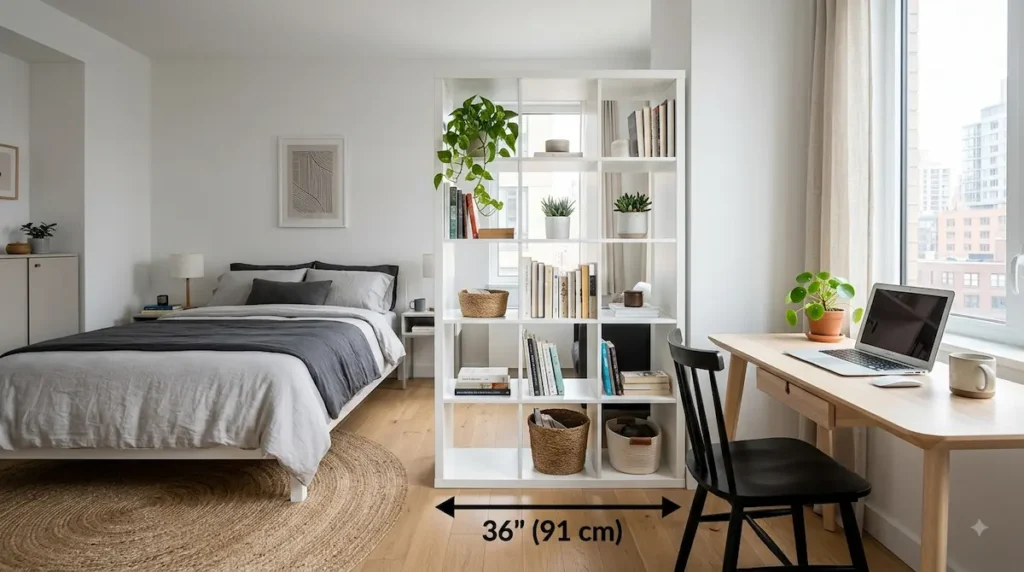 A 5-foot tall white modern open-cube shelving partition separating a bed frame from an office writing desk layout in a compact studio apartment with a 36-inch (91 cm) clearance walkway overlay.