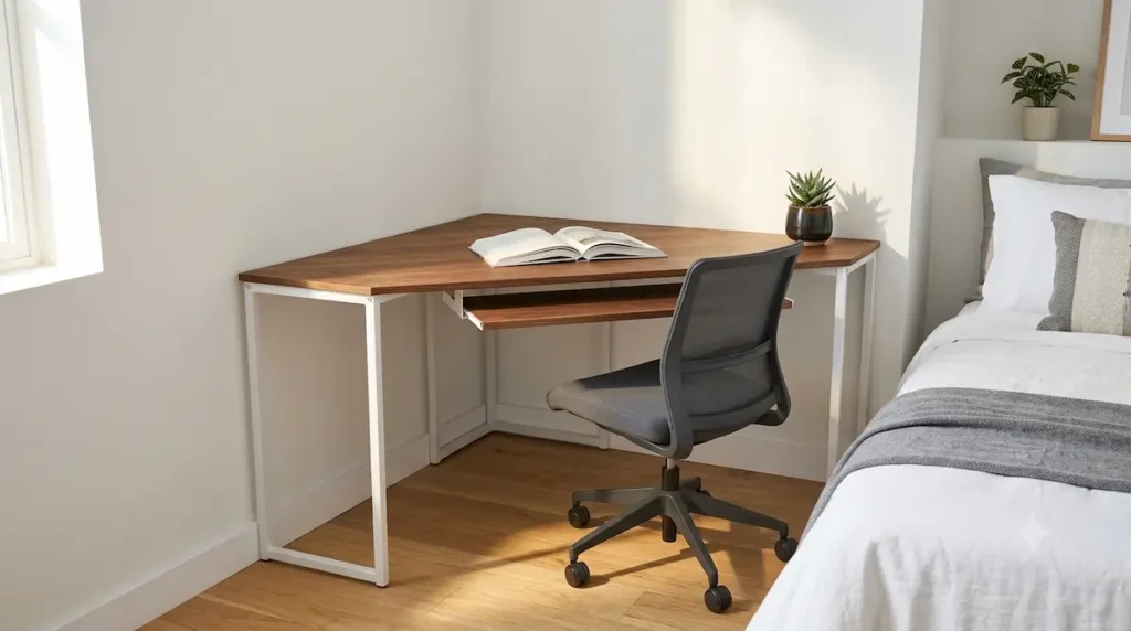 A compact walnut wood SHW triangular wedge corner desk with an extended slide-out keyboard tray and an open white steel frame base tucked flush into a sharp 90-degree apartment corner.