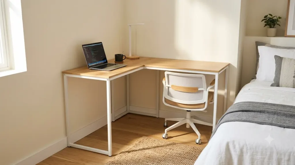 A minimalist light-oak wood GreenForest L-shaped corner home office desk with open white steel legs tucked into a tight bedroom corner lane next to a bed to optimize small apartment walking clearance paths.