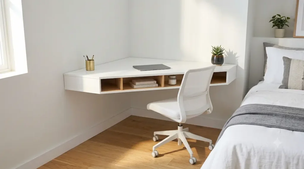 A modern matte white Tangkula wall-mounted floating corner desk with built-in storage cubbies and a true zero-floor footprint anchored flush into a 90-degree bedroom corner.