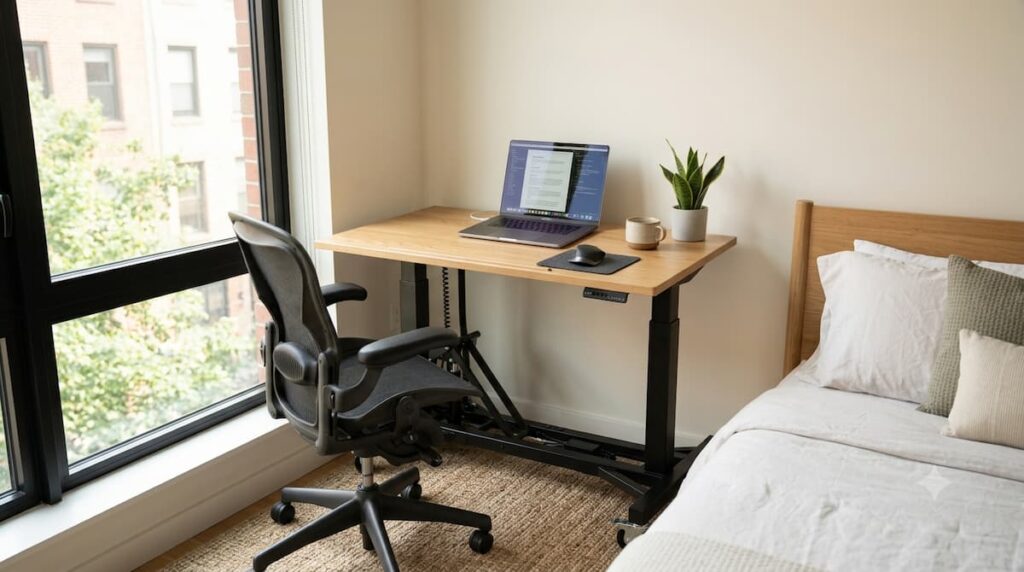 compact ergonomic joy worker foldable standing desk setup in small apartment bedroom corner next to bed