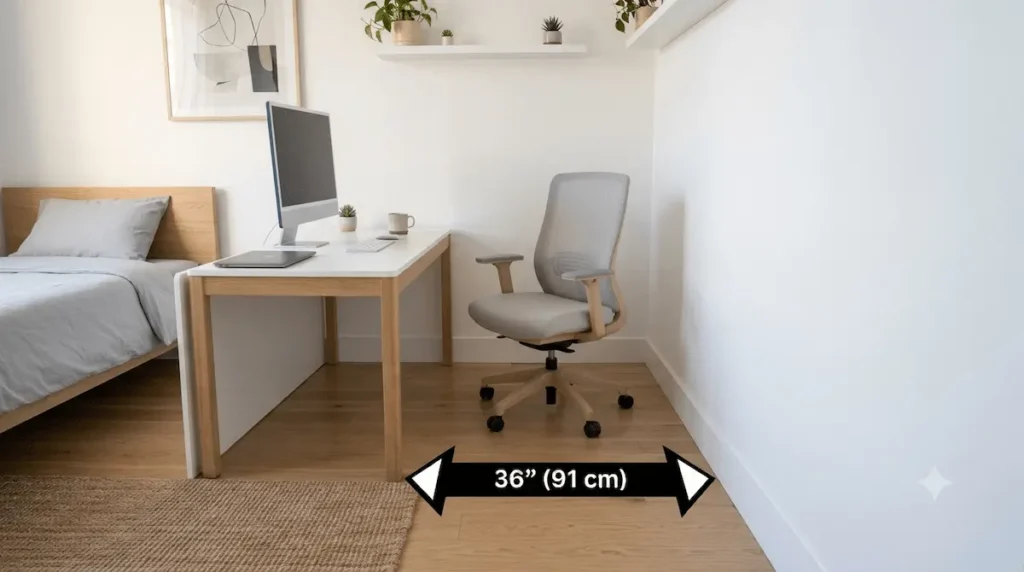 A 36-inch (91 cm) deep ergonomic desk chair rollback clearance lane inside a space-saving small apartment bedroom office corner nook layout.
