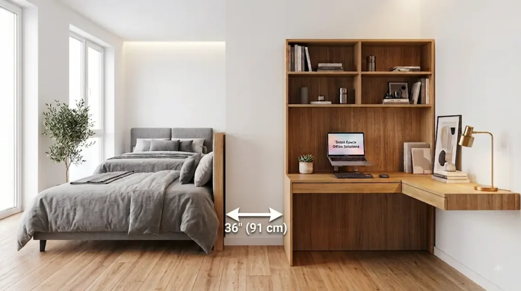 `A tight, space-optimized small apartment bedroom layout featuring a light-wood asymmetric L-shaped corner hutch desk setup against a plain white wall. A crisp horizontal graphic dimension arrow line with a text label reading 36 inches or 91 cm is overlaid directly on the light hardwood floor, accurately bridging the narrow thoroughfare walkway gap between the side panel of the desk bookcase and the edge of a neatly made gray bed.