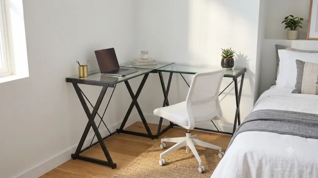 An ultra-modern clear tempered glass Walker Edison L-shaped corner desk with an architectural matte black steel criss-cross leg framework tucked tightly into a small bedroom corner lane.