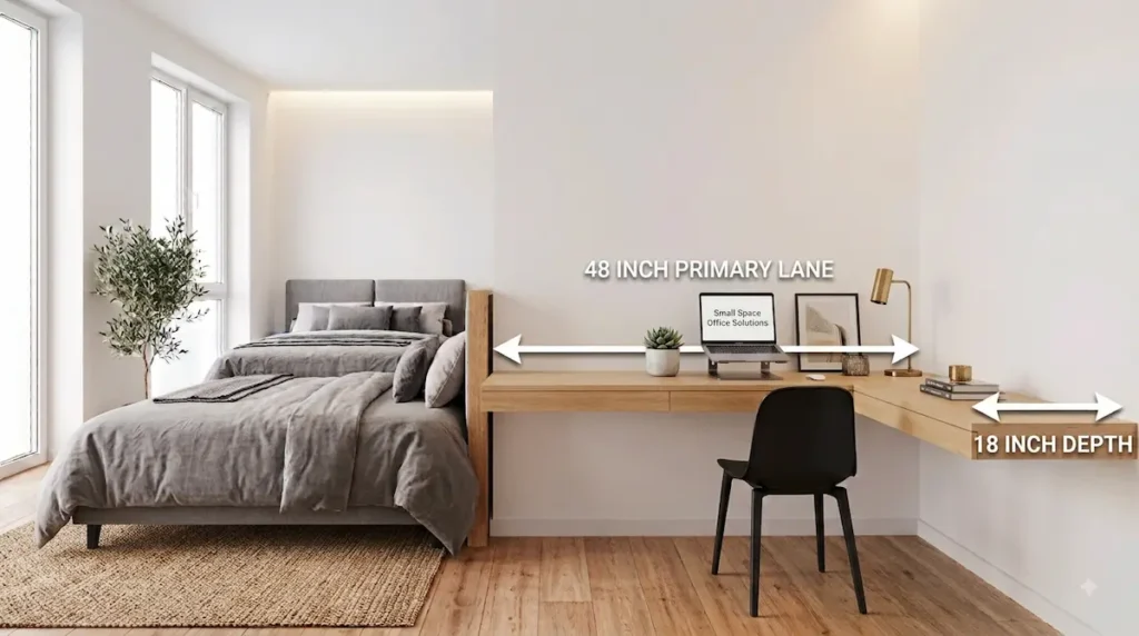 An L-shaped corner desk configuration inside a compact apartment bedroom layout next to a gray bed. Clean white graphic dimension arrows are overlaid directly on the wood tabletop surface, tracking a 48-inch primary window-facing desk lane horizontally across the frame and a separate shallow 18-inch depth profile on the right return wing to demonstrate how it safely saves room walking space.