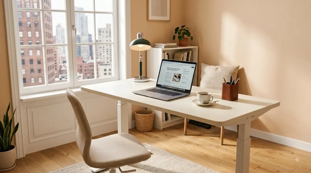 A sleek minimalist motorized electric standing desk with a matte cream top and white legs in a compact urban apartment bedroom. A laptop, coffee cup, and green vintage lamp sit on the desk surface, with a large white-framed paneled window showing a soft-focus background view of city buildings and high-rise apartments.