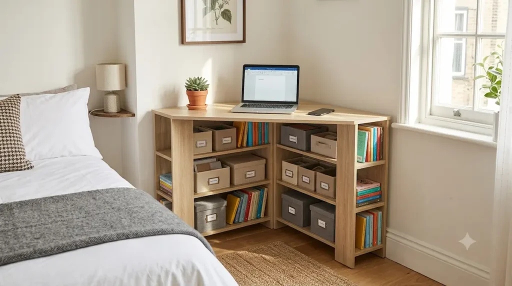 A compact light-oak Furinno computer corner desk with built-in vertical side shelving panels packed flush into a 90-degree bedroom corner next to a bed.