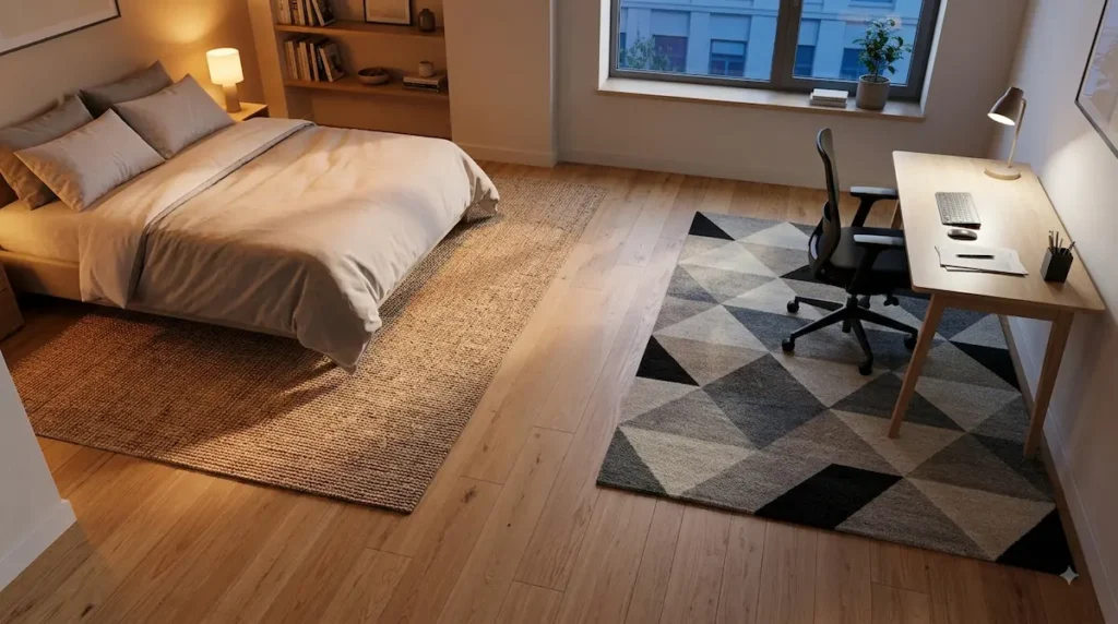 A studio apartment layout displaying a sharp color temperature split between a 4000K cool white office desk lamp and a 2700K warm amber bedroom lamp.