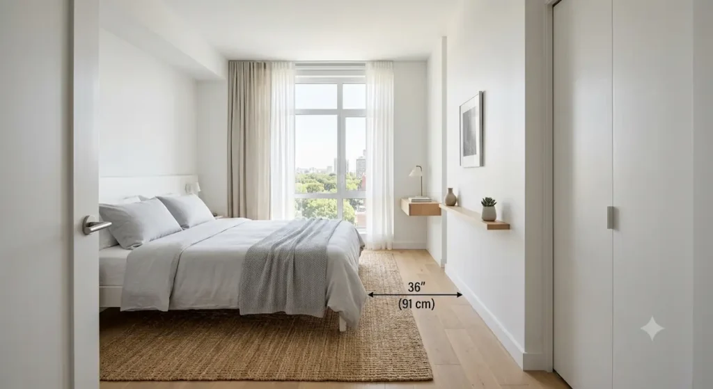 A space-optimized small apartment bedroom showcasing a 36-inch (91 cm) primary walking path clearance lane between a queen bed frame and a clean white opposite wall.