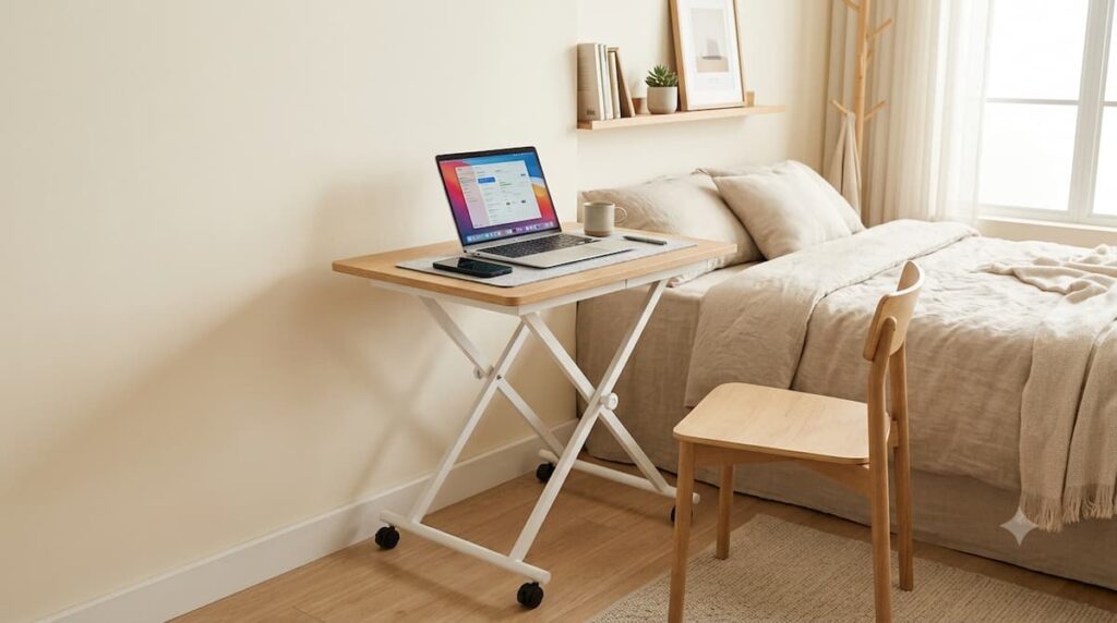compact alawooder mobile folding desk with light wood top and white metal scissor legs on wheels in a small apartment bedroom