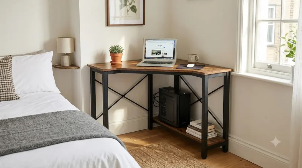 A heavy-duty rustic brown Soges triangular corner computer desk with thick black square steel legs, metal cross-bracing, and an integrated bottom shelf tier tucked into a bedroom corner.