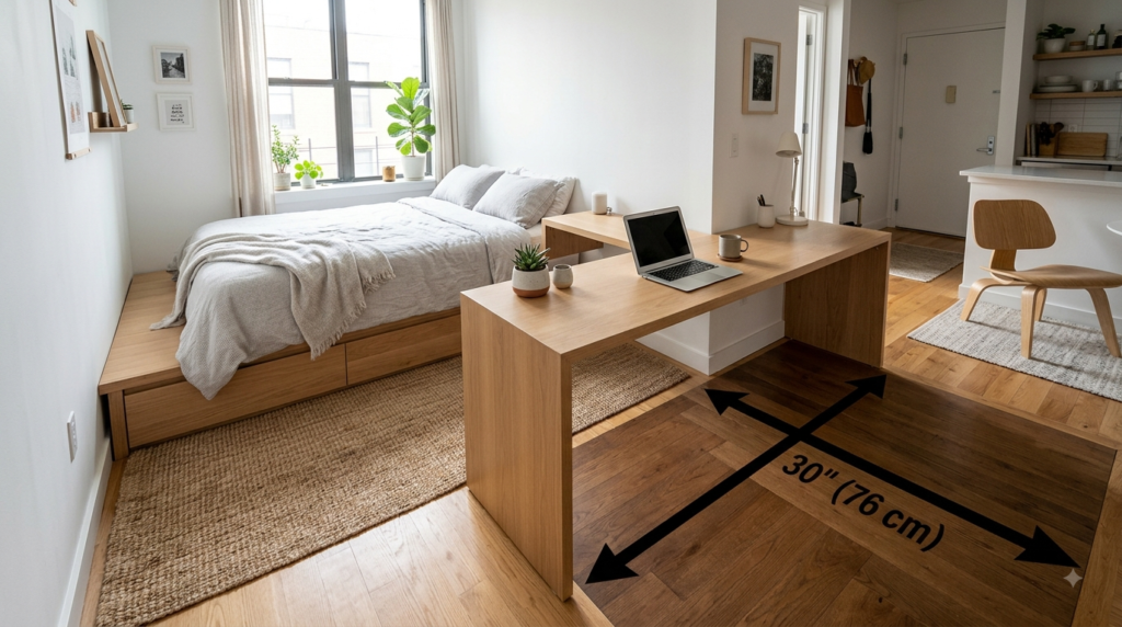 A studio bedroom layout displaying a light-wood L-shaped corner desk functioning as a physical structural room-divider zone with a 30-inch chair path.
