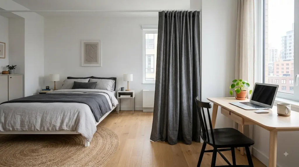 A premium charcoal grey floor-to-ceiling track curtain panel dividing a studio apartment room layout into separate sleeping and office zones.