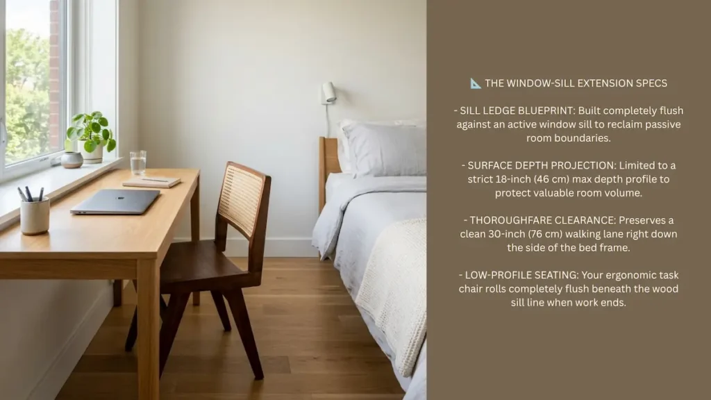 Widescreen infographic blueprint for a window-facing linear desk layout in a small apartment.