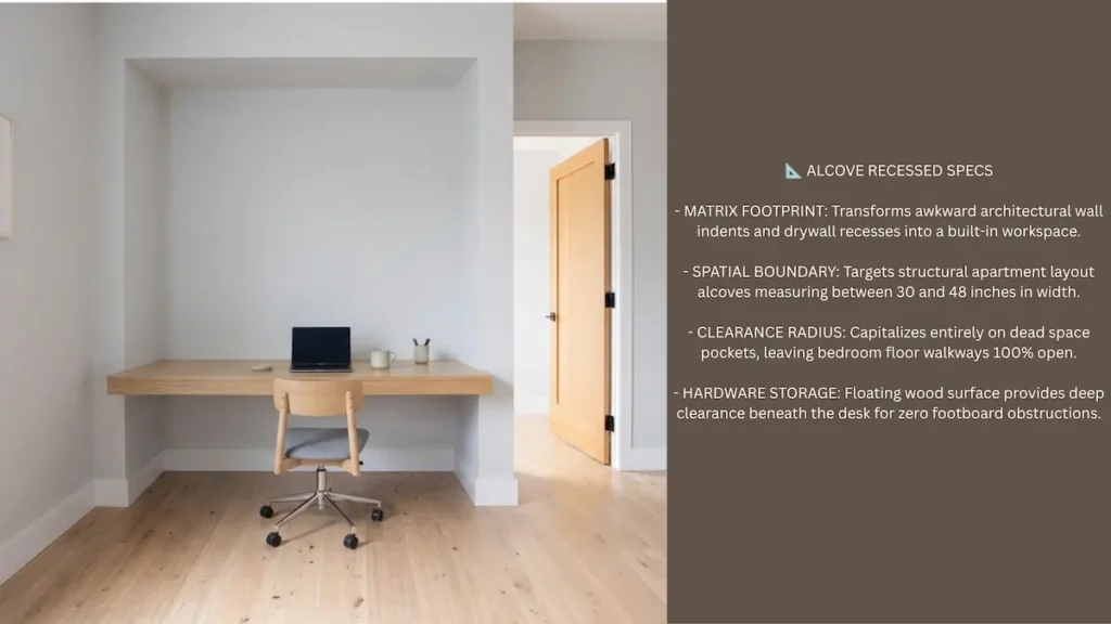Widescreen infographic blueprint for a floating desk built into a recessed wall alcove nook.