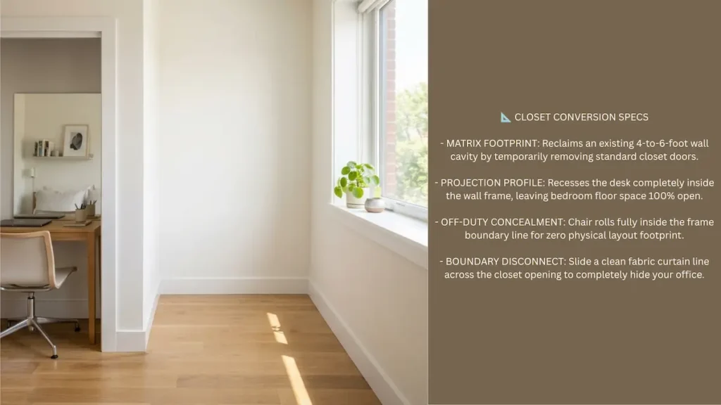 Widescreen infographic blueprint for a closet-converted cloffice workspace layout in a small apartment.