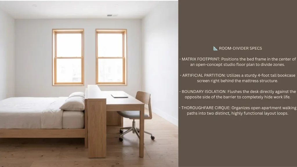 Widescreen infographic blueprint for a room-divider headboard partition screen desk layout in a studio apartment.