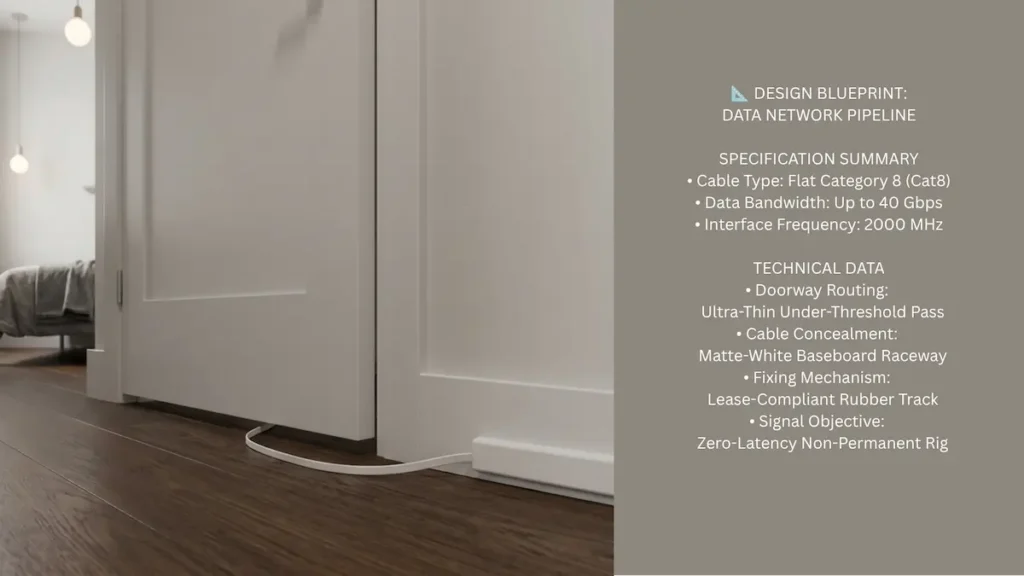 Split graphic layout showing a flat white Cat8 ethernet network cable routed under a closed rental apartment bedroom door threshold into a baseboard raceway with technical data specs.