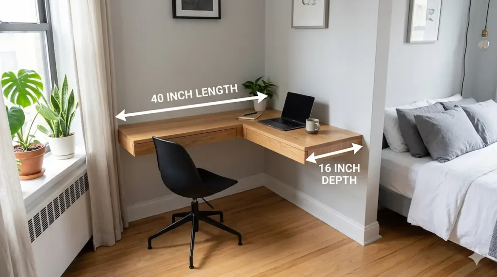 A floating wall-mounted light wood L-shaped corner desk setup in a compact apartment bedroom layout. Crisp white graphic dimension arrows are overlaid directly on the wood tabletop surface, showing a 40-inch primary desk length on the left wall side and a shallow 16-inch depth profile on the right side to demonstrate how the desk keeps floor walkways clear next to a gray bed.