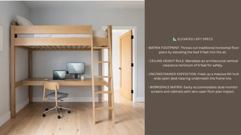 Widescreen infographic blueprint for an adult loft bed with an executive workstation desk layout underneath.