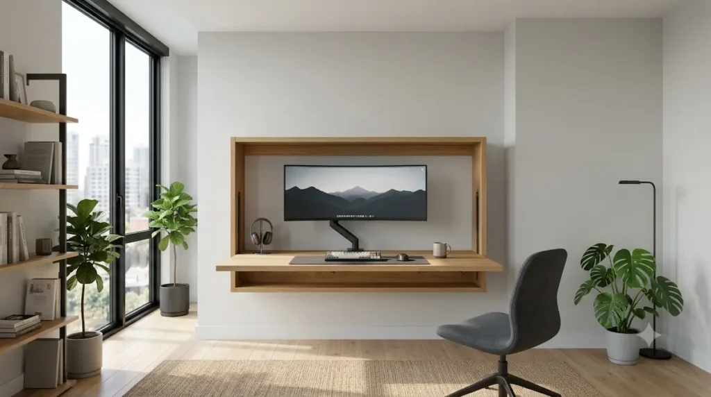 A wide 16:9 horizontal layout of a modern small apartment room featuring a floating oak wood Murphy desk with an ultra-wide monitor on a bare drywall wall.