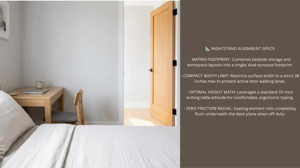 Widescreen infographic blueprint for a dual-purpose nightstand writing desk layout next to a bed frame.