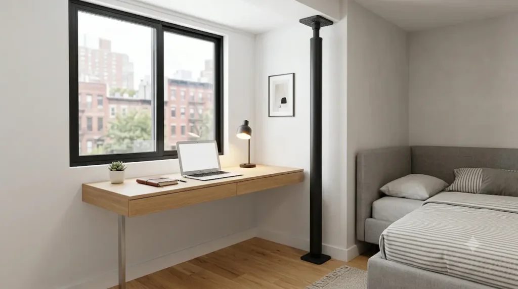 A high-end 16:9 widescreen 3D interior design rendering of a compact 10x10ft apartment bedroom. A sleek minimalist wood floating desk is pulled forward next to a heavy-duty matte-black vertical steel tension pole scaffolding column compressed securely between the floorboard and the ceiling joist for zero-damage hardware rigging.