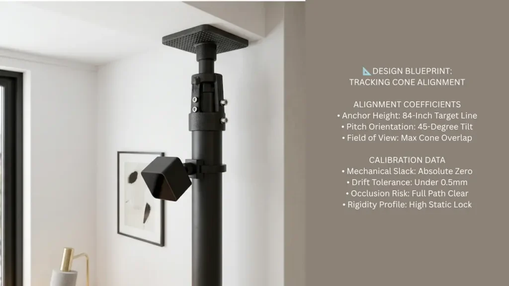 A widescreen 16:9 split-infographic for an apartment telerobotics setup. The left 60 percent shows a close-up 3D architectural render of a spatial tracking sensor clamped high on a matte-black vertical tension pole. The right 40 percent features a solid dark panel displaying technical specifications, alignment coefficients, and hardware calibration data metrics.