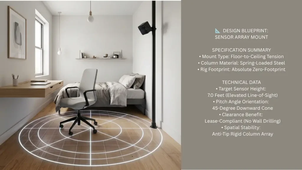 Split graphic layout showing an elevated VR tracking sensor mounted on a floor to ceiling tension pole column in an apartment corner with technical data specifications.