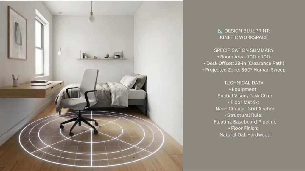 Minimalist 10x10ft apartment bedroom workspace layout blueprint featuring a 360-degree kinetic arm-span clearance circle on the hardwood floor and a technical specification sidebar.