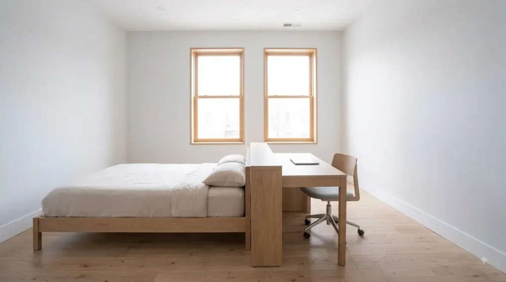 Widescreen editorial header featuring a minimalist room-divider workspace layout in a studio apartment.
