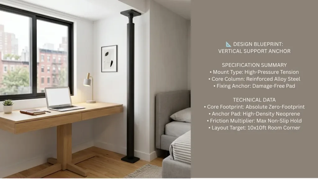 A widescreen 16:9 split-infographic for a small apartment bedroom workspace. The left 60 percent shows a damage-free vertical steel tension mounting pole column wedged next to a wood desk layout. The right 40 percent features a dark panel detailing high-pressure tension support specifications and technical design data summary metrics.