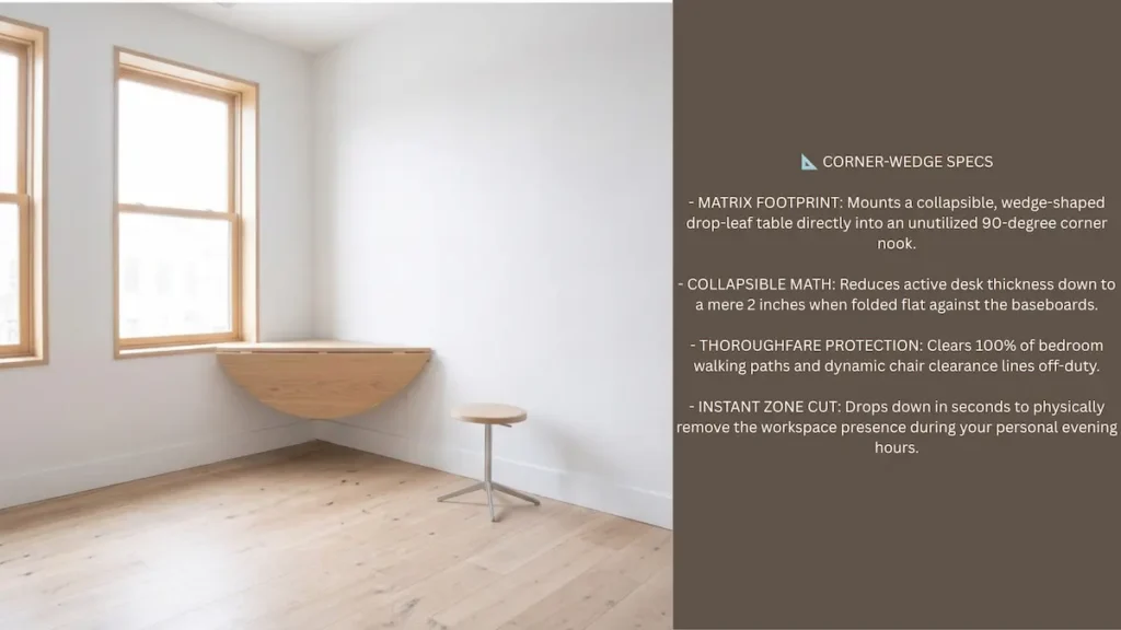 Widescreen infographic blueprint for a collapsible corner-wedge drop-leaf desk layout folded flat against a wall.