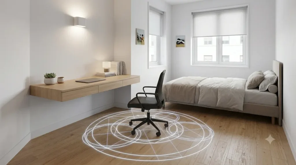 Minimalist small bedroom desk workspace layout showing a 360-degree kinetic arm-span clearance circle mapped on the floor for immersive spatial computing.