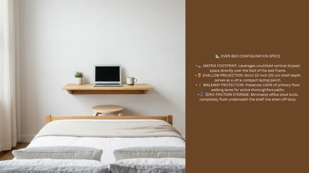 Widescreen infographic blueprint for an over-bed floating shelving desk workspace setup.