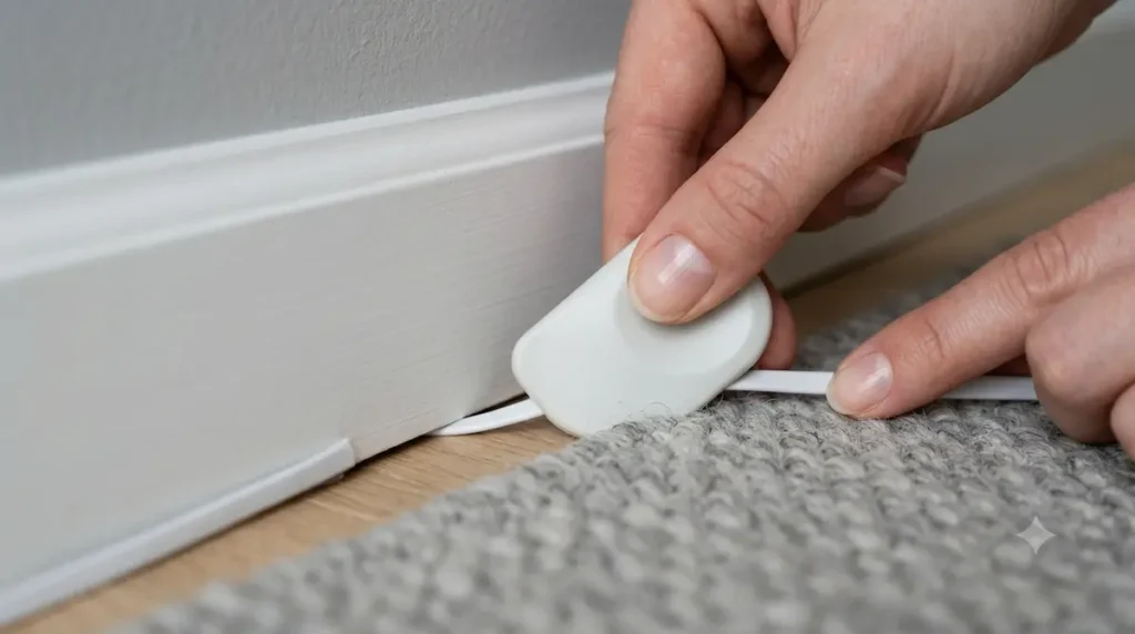 Close-up photograph of human hands using a smooth, rounded white plastic wedge tool to gently press a thin flat white Cat6 ethernet cable down into the narrow compression gap between a gray woven bedroom carpet and a clean white painted wooden baseboard molding on an apartment wall.
