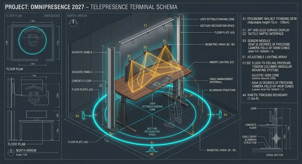 A highly detailed 2D and 3D industrial engineering blueprint schematic of a 2027 spatial telepresence home office setup. The graphic outlines floor-to-ceiling pressure columns bracing a standing desk, surrounded by a neon blue 1.5-meter kinetic tracking boundary circle on a dark grid matrix background.