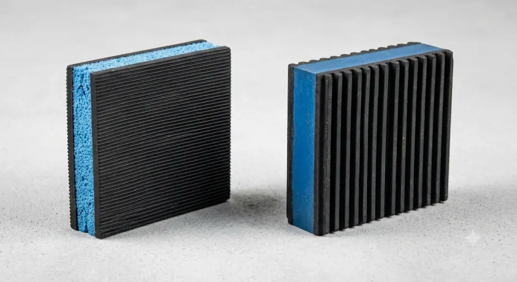 • A professional product review photograph focusing on a square heavy duty ribbed rubber anti vibration pads for desk setups next to a composite foam core block.