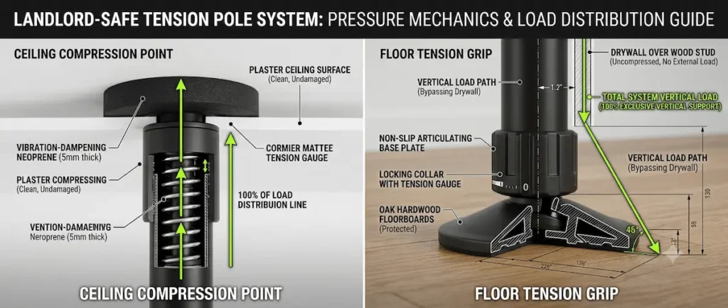 A highly detailed technical vector infographic created for the RenterEase.com Landlord-Safe Infrastructure Framework guide. The diagram displays a side-by-side close-up cutaway of a matte black tension column, showing the top ceiling compression point with vibration-dampening neoprene pads and the bottom floor tension grip showing a non-slip articulating base plate locked flat onto oak hardwood floorboards to completely bypass fragile apartment drywall.