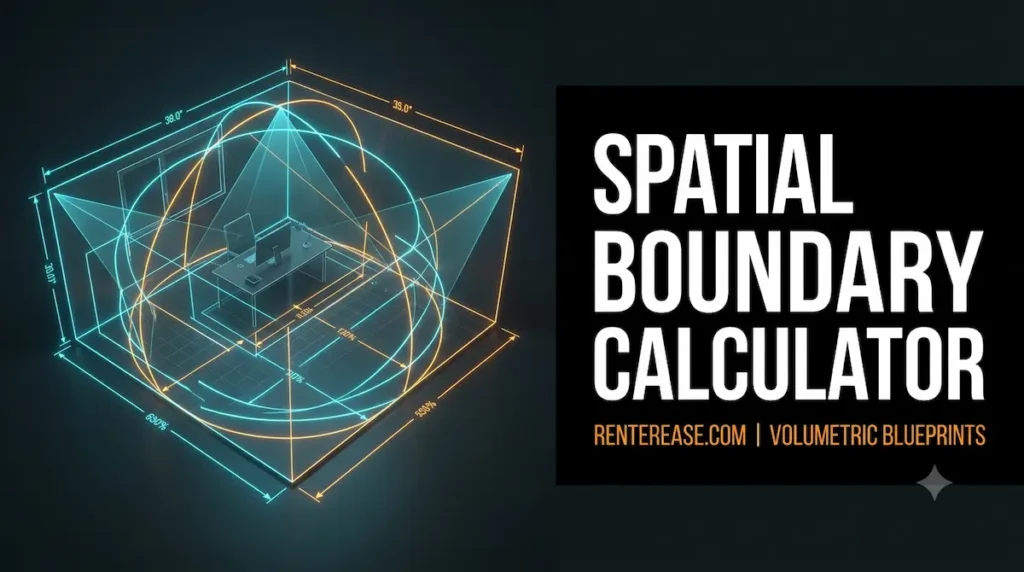 A professional horizontal website featured banner for the RenterEase.com Spatial Workspace Clearance Calculator. On the left side, a highly technical 3D holographic wireframe blueprint plots a workspace grid inside an apartment room, featuring glowing neon cyan and amber vector tracking arcs, dimensional line-of-sight cones, and measurement coordinates tracking a desk and computer setup. On the right side, a solid matte black title block showcases crisp, bold white typography reading 'SPATIAL BOUNDARY CALCULATOR' stacked vertically, with a secondary row of bright neon orange branding text below reading 'RENTEREASE.COM | VOLUMETRIC BLUEPRINTS'.