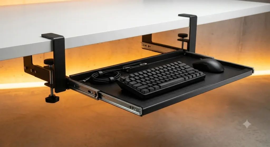 Mount-It clamp on under desk cable management tray platform holding a black mechanical keyboard and mouse under a white desk.